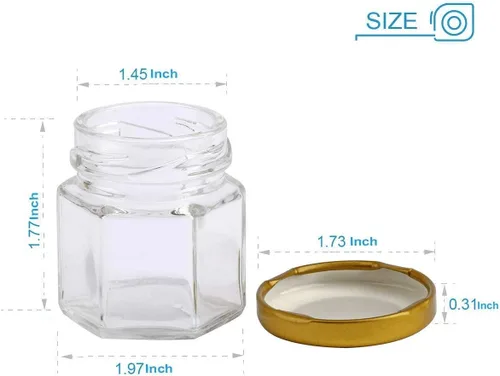 Miniatura 2 de Tarros hexagonales transparentes de 1.5 onzas, pequeños frascos de vidrio para miel con tapas (dorados), tarros Mason para hierbas, alimentos
