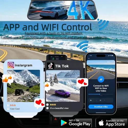 Miniatura 3 de Cámara de tablero doble espejo, cámara delantera y trasera para automóvil con grabación dual 4K+2.5K, aplicación WiFi, control de voz, visión