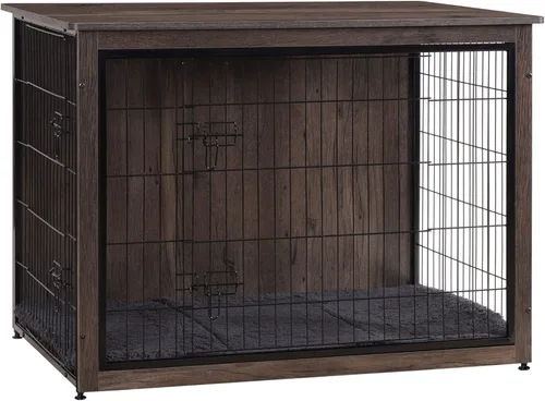 Miniatura 17 de DWANTON Mueble de jaula para perros con cojín, mesa de madera para perros con puertas dobles, casa de perro de interior, tamaño pequeño, mediano