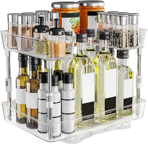Organizador de especias giratorio Lazy Susan de 360°, organizador de especias giratorio ajustable de 2 niveles de altura para gabinete, organizador