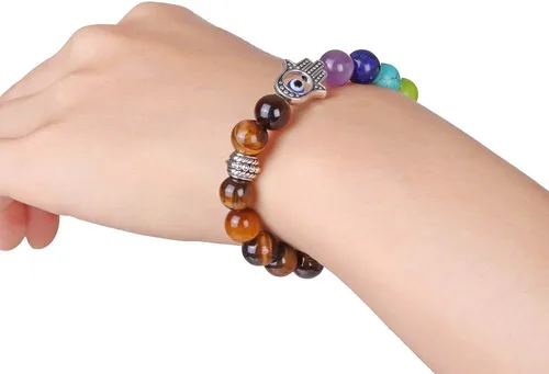 Miniatura 7 de RUIZHEN - 2 Pulseras elásticas con cuentas azules de ojo malvado, 7 chakras, piedra de lava, mano de Hamsa
