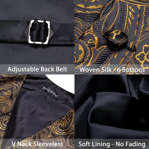 Miniatura 44 de Barry.Wang Conjunto de chaleco de pajarita para hombre, chaleco con cuello en V de seda jacquard de cachemira, gemelos de pañuelo formal/ocio, boda