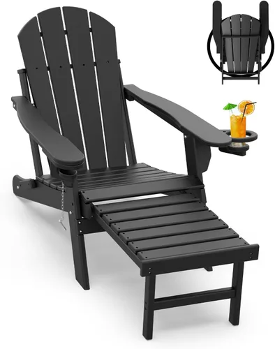 Miniatura 33 de GREENVINES Sillas Adirondack con Otomano Juego de 2 Grano de Madera Plegable Reposapiés Retráctil Plástico HDPE Silla para Hoguera Todo