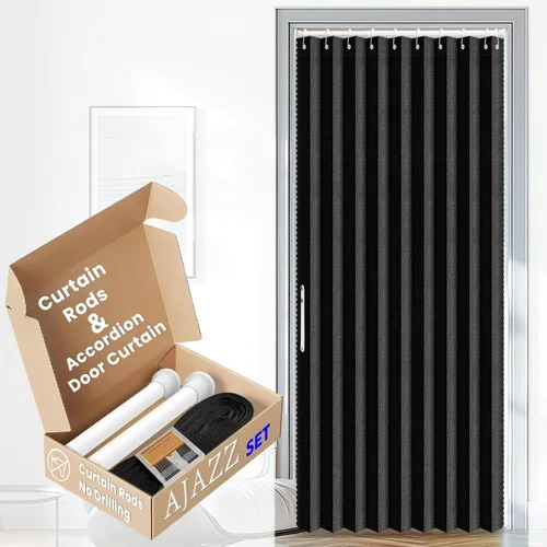 Miniatura 10 de AJAZZ Conjunto: Barras para cortinas sin perforación (28-39" de ancho) y cortina acordeón para puerta, beige 43" de ancho × 78" de largo, puertas