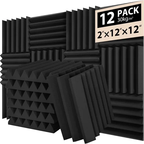 Paquete de 12 paneles acústicos de espuma Saiqiang, paneles de espuma de insonorización de 2" x 12" x 12", paneles de absorción de ruido en cuña