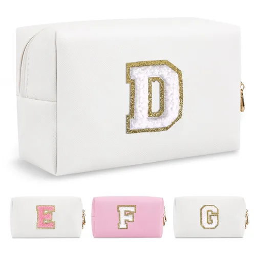Miniatura 257 de Pequeña bolsa de maquillaje personalizada con inicial A-Z Preppy Patch, bolsa de cosméticos de viaje de felpilla blanca con cremallera, bonita bolsa