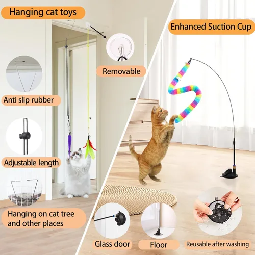 Miniatura 3 de Soarer Juguetes de plumas interactivos para gatos 4 en 1, 12 piezas de plumas de gato duraderas para caña de pescar, juguete de vara para gatos
