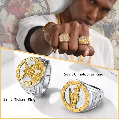 Miniatura 2 de PROSTEEL Anillo de San Miguel, anillo de San Cristóbal, el gran arcángel protector derrotando a Satanás, anillo de amuleto de acero inoxidable