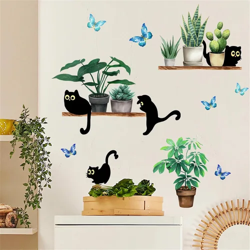 Miniatura 3 de Calcomanías de pared de gatito negro con diseño de plantas verdes en maceta, diseño de animales de dibujos animados de sacinora para bricolaje
