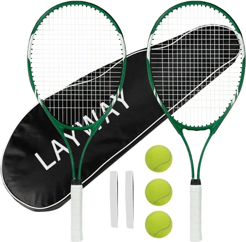 Miniatura 9 de Raquetas de tenis para 2 jugadores recreativas para principiantes, juego de raquetas adultas ligeras preencordadas de 27 pulgadas para mujeres