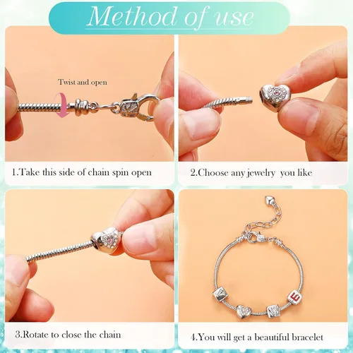 Miniatura 6 de Hicarer 27 Piezas Cadena de Pulsera con Dijes de Serpiente Cadena de Pulsera con Dijes Ajustable con Extensor en Forma de Corazón Cobre DIY