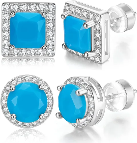 Aretes de tuerca para mujeres y hombres, 2 pares de plata de ley chapados en oro, redondos, corte princesa, varios colores, circonita cúbica, piedra