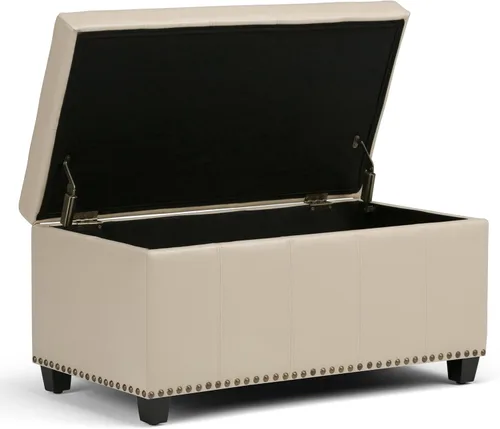 Miniatura 5 de SIMPLIHOME Amelia - Otomana de almacenamiento, banco otomano rectangular de cuero vegano de 33 pulgadas de ancho en negro medianoche, otomana