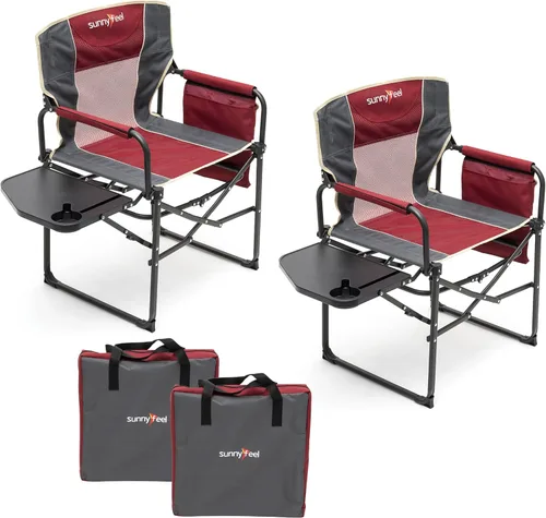 SUNNYFEEL Silla de directores de camping, resistente, silla plegable portátil de gran tamaño con mesa auxiliar, bolsillo para playa, pesca, viaje,