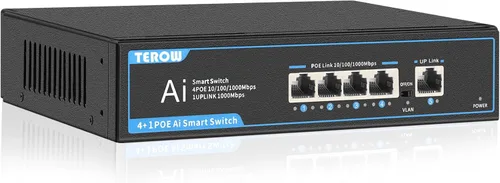 Switch PoE Gigabit 4 puertos con 1 puerto 1000 Mbps Uplink, TEROW, 65W, alimentación incorporada, cumple con la actualización 802.3af/at | Vlan,
