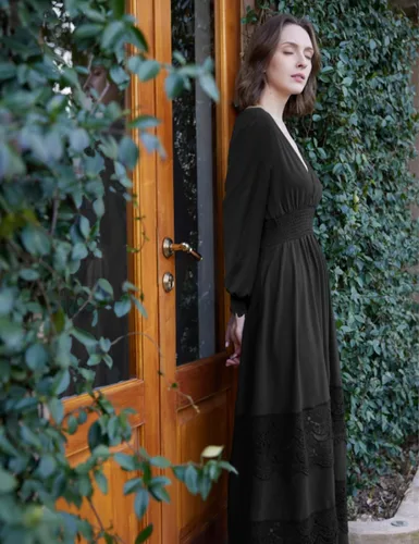 Miniatura 24 de Vestido largo de encaje para mujer de manga corta y cuello en V, vestido de fiesta estilo bohemio con cintura fruncida, vestido bohemio para mujer