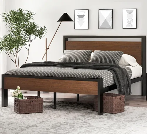 Miniatura 10 de SHA CERLIN Armazón de cama de plataforma metálica de tamaño completo de 14 pulgadas con cabecero y pie de cama de madera, base de colchón, no Roble