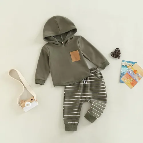 Miniatura 100 de Ropa de bebé niño 3 6 9 12 18 24M 3T Conjunto de pantalones con capucha patchwork sudadera con capucha pantalones de rayas traje de otoño invierno
