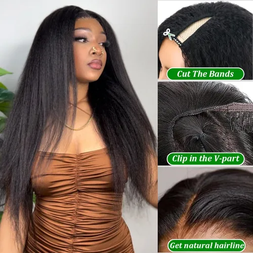 Miniatura 2 de Forevermore Yaki - Peluca de cabello humano lacio con parte en V, para mujeres negras, 12 pulgadas, sin pegamento, parte en U, con clips, sin dejar