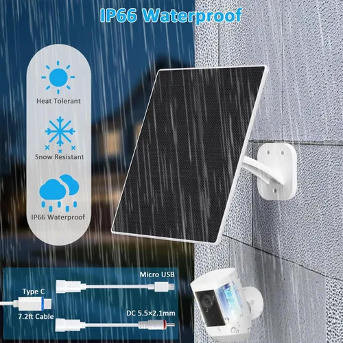 Miniatura 5 de FUTUREZEN Panel Solar para Cámara de Seguridad, Cargador Solar de 10W con DC 5.5x2.1mm, Puerto USB-C y Micro USB, Resistente al Agua IP66, Montura