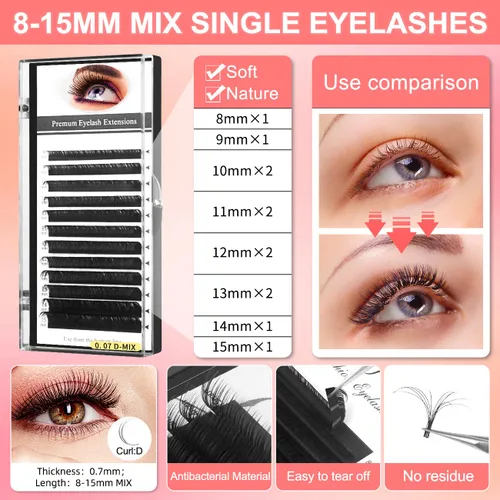 Miniatura 2 de Kit de extensión de pestañas – Suministros de extensiones de pestañas individuales con mezcla de rizos 0.07D de 0.315 a 0.59 pulgadas, pegamento