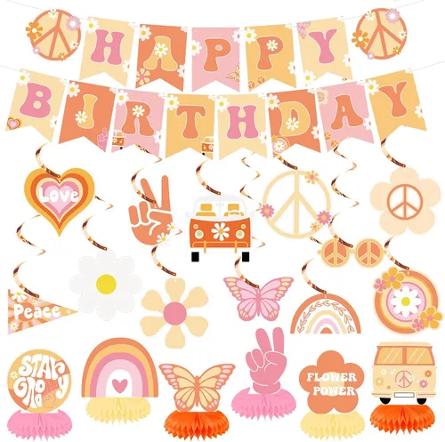 19 piezas de decoraciones de fiesta geniales incluyen pancarta bohemia de feliz cumpleaños, espirales colgantes hippie retro boho panal centros de