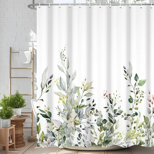 Miniatura 16 de Cortina de ducha de eucalipto verde salvia Velaequezii con plantas de acuarela, hojas botánicas de primavera impresas, cortina de baño impermeable
