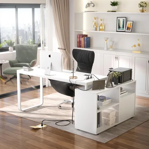 Miniatura 2 de Homieasy Escritorio en forma de L con archivador y toma de corriente, escritorios reversibles de esquina grandes de 55 pulgadas con tira LED