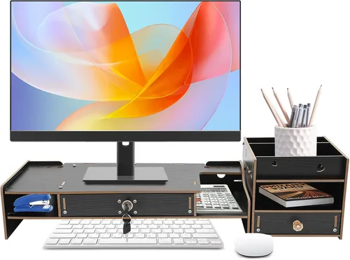 Soporte elevador de madera para monitor, con dos cajones, organizador de estante de escritorio, gabinete de almacenamiento, para
