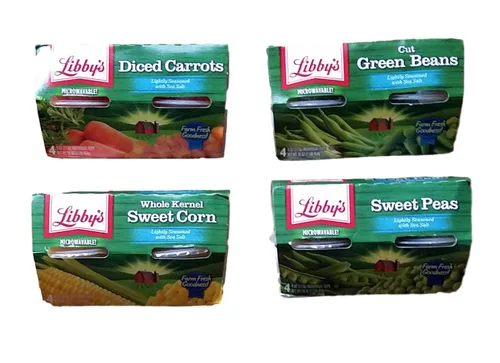 Zanahorias en cubitos, judías verdes cortadas, maíz dulce de grano entero, guisantes dulces, paquete variado de 4 tazas individuales Libby's para