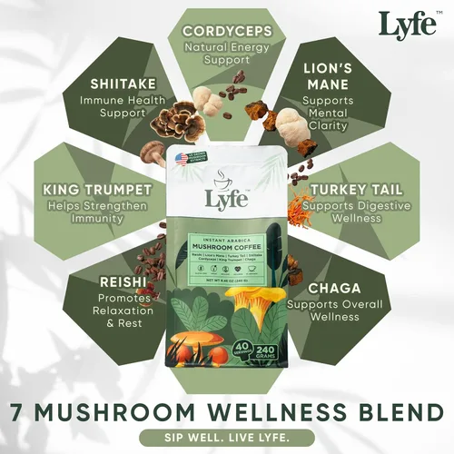 Miniatura 3 de LYFE Café orgánico instantáneo de hongos, 40 porciones: mezcla de café adaptogénico instantáneo con melena de león, chaga, cordyceps, trompeta King