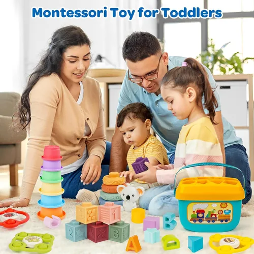 Miniatura 6 de Juguetes Montessori para bebés de 6–12–18 meses con clasificador sensorial de formas, juego de emparejamiento, caja de vasos apilables, anillo