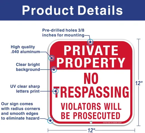 Miniatura 2 de Paquete de 5 carteles de propiedad privada No Trespassing, cuadrado de 12 x 12 pulgadas, aluminio libre de óxido, protección UV e impermeable, Señal