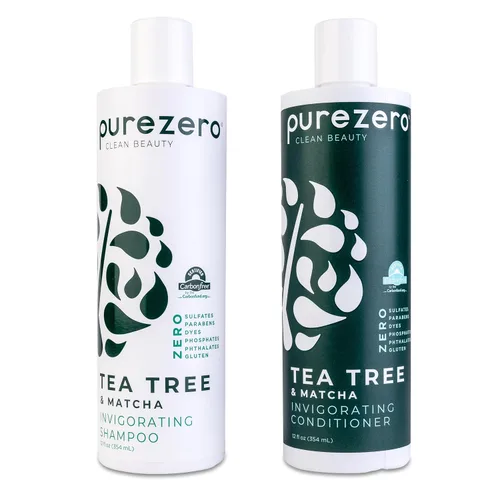 Purezero Juego de champú y acondicionador Tea Tree & Matcha, tratamiento nutritivo y vigorizante para el cuero cabelludo, cero sulfatos, parabenos,