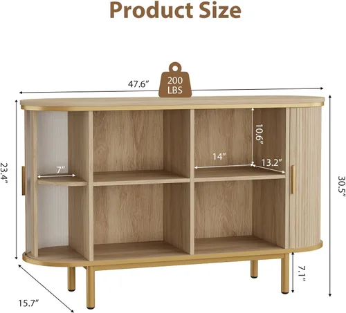 Miniatura 2 de QUW Mesa consola con puertas correderas de tambor, soporte de TV de mediados de siglo de 47 pulgadas con almacenamiento y estantes abiertos Nogal