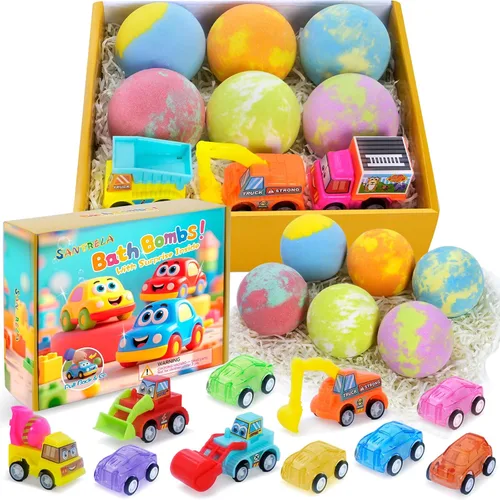 Bombas de baño para niños con juguetes sorpresa en el interior, paquete de 6 bombas de baño de regalo con vehículos de tracción trasera, juego de