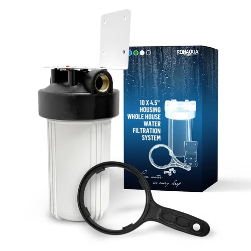 Miniatura 10 de Sistema purificador de filtro para toda la casa de 10 x 4.5 pulgadas de alta capacidad para agua de pozos o ciudades, botón de alivio de Azul
