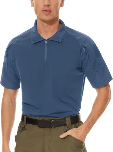 Miniatura 54 de MAGCOMSEN Camisas militares tácticas para hombre con cremallera de 1/4, manga corta, ajustada, camisa de camuflaje