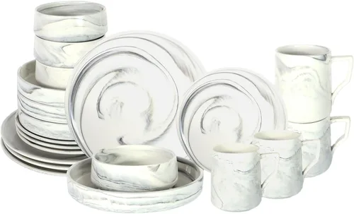 Miniatura 7 de Juego de platos y cuencos de 20 piezas, vajilla artesanal de porcelana fina para 4, apto para lavavajillas, resistente a los arañazos, resistente a