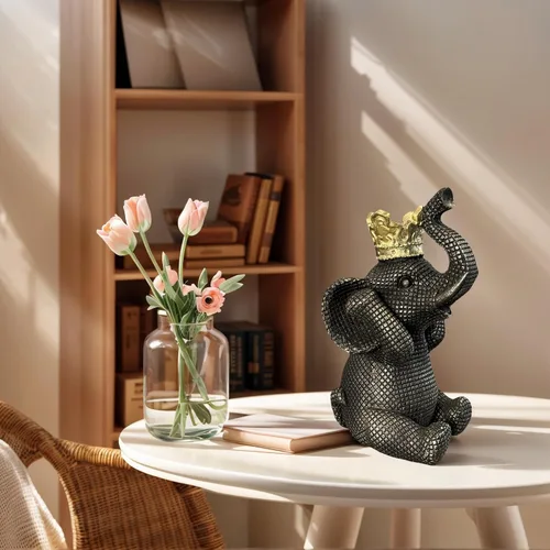Miniatura 7 de Etlemonde Estatua de elefante para el hogar, decoración de rey negro y dorado con corona de elefante, escultura de elefante para sala de estar