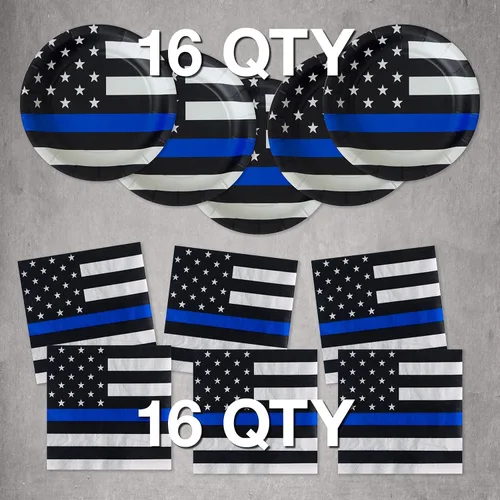 Miniatura 2 de Fiesta de la línea azul delgada de la policía para 16 invitados! Incluye 16 platos y servilletas de 7 pulgadas en el patrón oficial de bandera