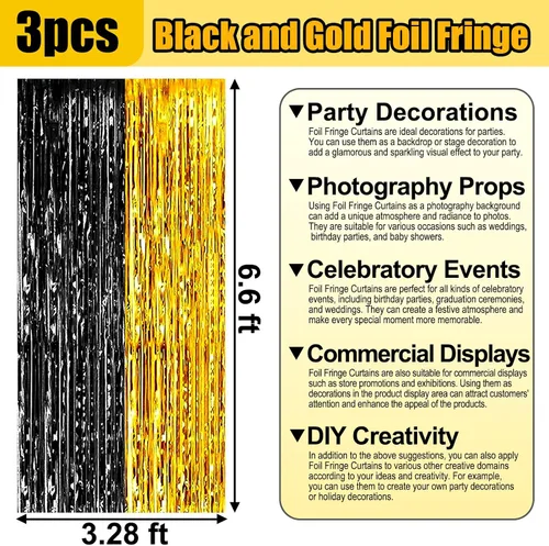 Miniatura 2 de Paquete de 3 cortinas de flecos de papel de aluminio negro y dorado, 3.28 pies x 6.6 pies, cortinas metálicas de oropel para cabina de fotos