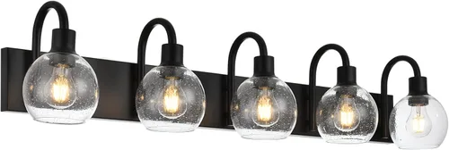 Miniatura 17 de Accesorios de iluminación de tocador de baño negros de 5 luces sobre espejo, iluminación moderna de pared con apliques de vidrio esmerilado