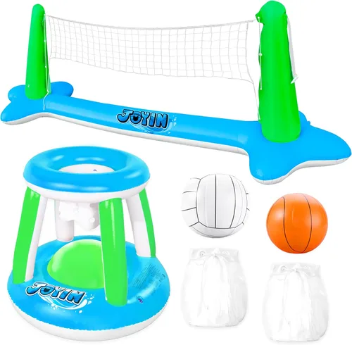 JOYIN Juego de flotador de piscina inflable con red de voleibol y aros de baloncesto; bolas incluidas para niños y adultos, juego de piscina de