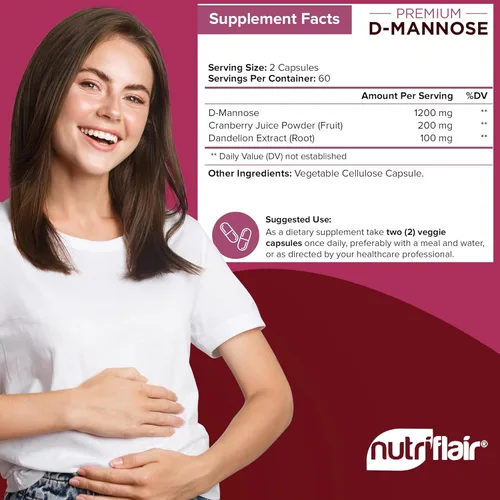 Miniatura 3 de NutriFlair D-Manosa 120 Cápsulas, 1500mg - con Extracto de Arándano y Diente de León - Apoyo Natural para la Salud del Tracto Urinario UTI - El