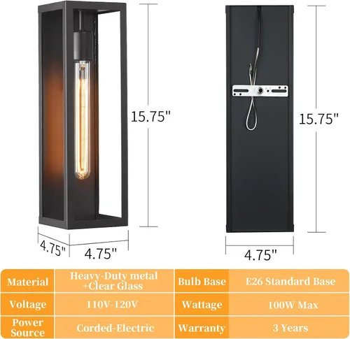 Miniatura 7 de Paquete de 2 lámparas de pared grandes para exteriores, luces de porche antioxidantes con vidrio templado, accesorios de iluminación exterior negros
