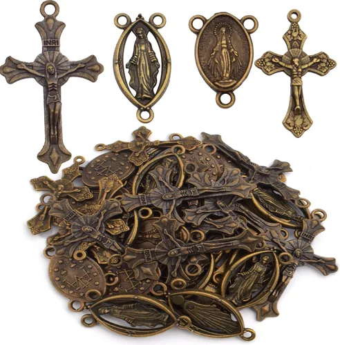 40 piezas de 4 estilos de cruz y centro de rosario de aleación tibetana María milagrosa medalla Jesús Crucifijo Crucifijo y eslabones ovalados de