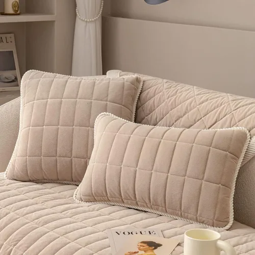Miniatura 11 de vctops Funda de sofá acolchada de terciopelo con diseño de cuadros supersuave y antideslizante para sofá seccional, funda de sofá de estilo granja