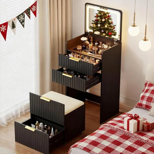Miniatura 18 de Escritorio de tocador 3 en 1 con espejo abatible y luces, mesa de tocador de maquillaje con parte superior de vidrio con estación de carga, tocador