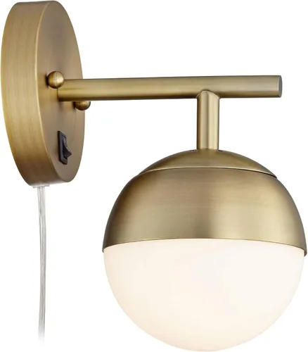 Miniatura 6 de 360 Lighting Luna - Lámpara de pared moderna de mediados de siglo para interiores, lámpara enchufable de latón antiguo, pantalla de globo de vidrio